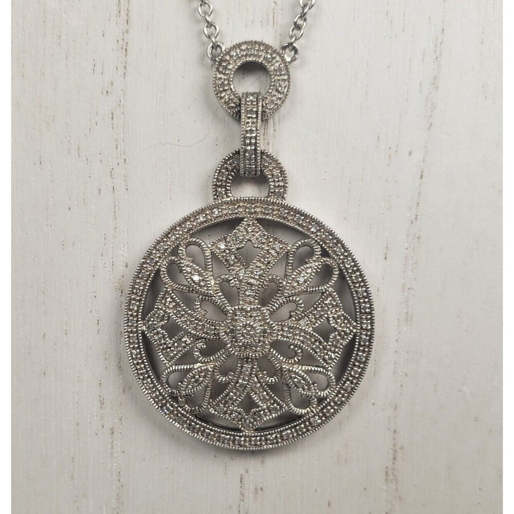 Vintage 925 Sterling Silver w Diamond Circle Cross Hearts Pendant Chain Necklace - Picture 12 of 16